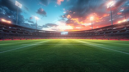 Panoramic highdefinition image of a cricket stadium showing the contrast between daylight and evening atmosphere under stadium lights. Concept Cricket Stadium, Daylight vs Evening