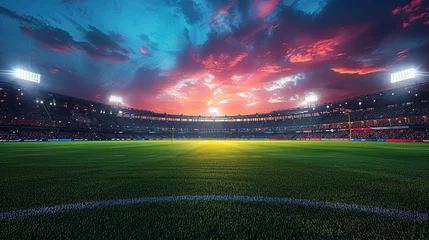 Fotobehang Panoramic highdefinition image of a cricket stadium showing the contrast between daylight and evening atmosphere under stadium lights. Concept Cricket Stadium, Daylight vs Evening © Jennifer