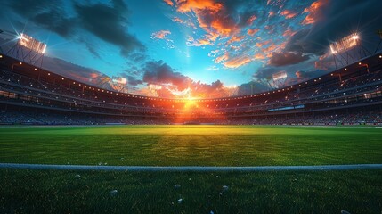 Panoramic highdefinition image of a cricket stadium showing the contrast between daylight and evening atmosphere under stadium lights. Concept Cricket Stadium, Daylight vs Evening - obrazy, fototapety, plakaty