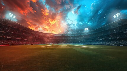 Panoramic highdefinition image of a cricket stadium showing the contrast between daylight and evening atmosphere under stadium lights. Concept Cricket Stadium, Daylight vs Evening - obrazy, fototapety, plakaty