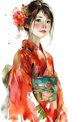 Watercolor Japanese Woman in Kimono