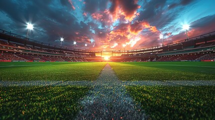 Panoramic highdefinition image of a cricket stadium showing the contrast between daylight and evening atmosphere under stadium lights. Concept Cricket Stadium, Daylight vs Evening