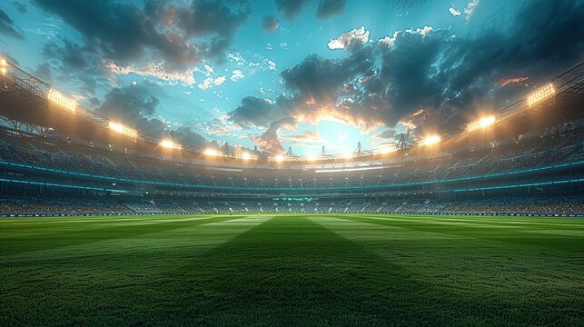 Panoramic highdefinition image of a cricket stadium showing the contrast between daylight and evening atmosphere under stadium lights. Concept Cricket Stadium, Daylight vs Evening