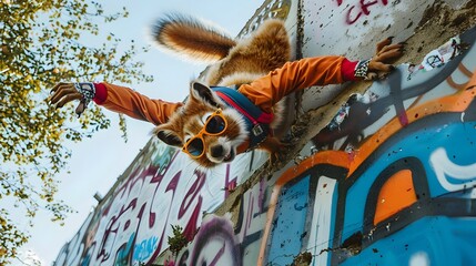 Stylish Anthro Marmot in Fashion Attire Hanging from GraffitiCovered Wall Generative ai