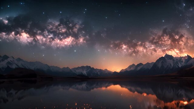 Nightscape of milky way over the lake. 4k video animation