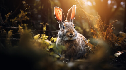 Double Exposure of a Rabbit in front of a Forest ~ Created using Generative AI - obrazy, fototapety, plakaty