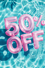 Summer sale 50 percent discount. Overhead view of a swimming pool with inflatable pool floats