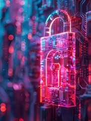 A 3D padlock of digital light secured by a complex password stands guard in a realm of pastel protecting truths buried in the code Generative ai.