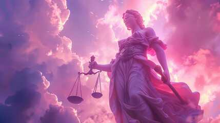 Themis statue justice scales law lawyer over pastel sky. enforces divine law her presence a serene promise of universal equity and harmony. Generative ai.