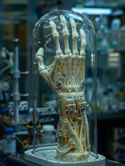 A prosthetic hand in hitech lab made through 3D bioprinting a testament to a future where loss is only temporary and healing is a work of art. Generative ai.