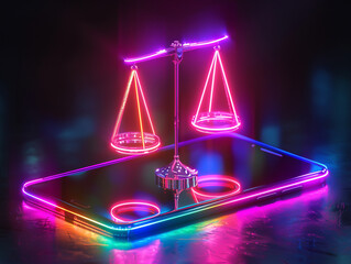 Fantasy judges scale digital and neon embodies justice in a world where colors paint the path of righteousness. Generative ai.