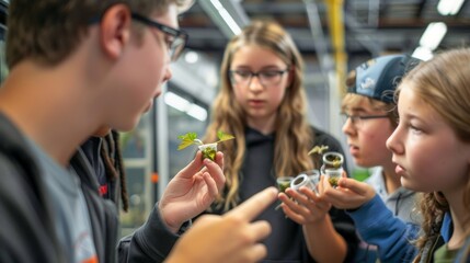 A group of students visit a biofuel production plant learning about the process of turning invasive plants into a sustainable energy source. They hold small plant samples and listen .