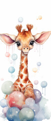 Fototapeta premium cute baby giraffe sitting on potty surrounded by lots of bubbles in the style of watercolor painting