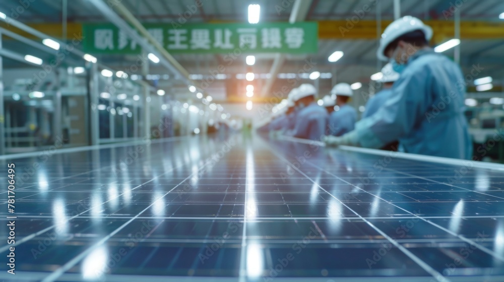 Poster a closeup shot of a solar panel being manufactured in a factory using sustainable practices. in the 