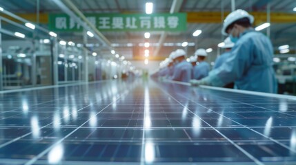 A closeup shot of a solar panel being manufactured in a factory using sustainable practices. In the background workers are wearing . .