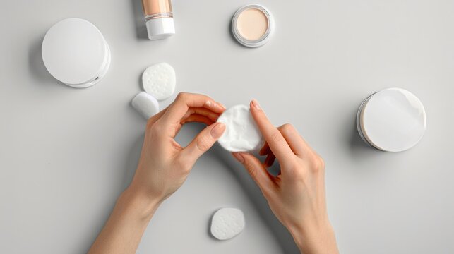 Cotton pads, lip gloss, foundation and sponge on light gray background, generative ai