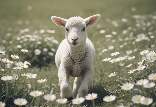 A young lamb frolicking in a field of daisies under the spring sun.