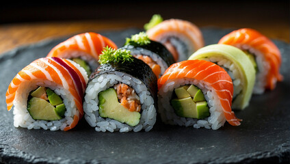 A plate of sushi with chopsticks.

