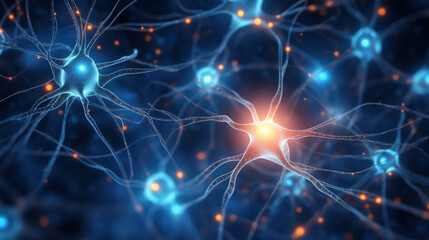 Fototapeta premium Detailed representation of the neural network of the brain, with activated glowing brain neurons. Neural activity, brain function, medical research, learning and cognition concepts.
