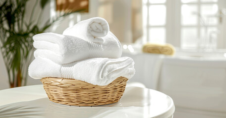 A stack of clean white towels in the spa salon. - 781707050
