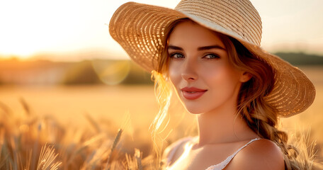 A portrait of a smiling woman wearing a hat in a field of wheat. - 781707097
