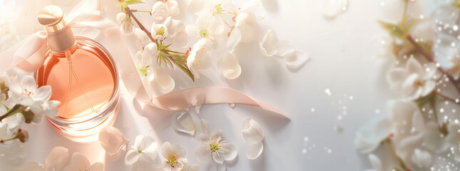 An elegant perfume bottle, surrounded by a ribbon in the style of delicate white flowers against a soft background, conveys the essence of luxury and romance in product advertising.