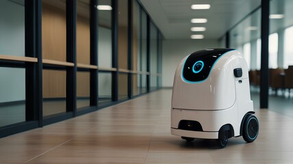 Cleaning and vacuuming robot in a business building.｜ビジネスビル内の清掃および掃除機ロボット - obrazy, fototapety, plakaty