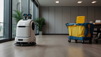 Cleaning and vacuuming robot in a business building.｜ビジネスビル内の清掃および掃除機ロボット