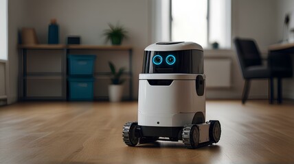Cleaning and vacuuming robot in a business building.｜ビジネスビル内の清掃および掃除機ロボット - obrazy, fototapety, plakaty