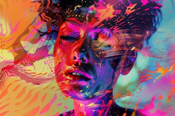 Artistic female face blended with splashes of vivid colors and abstract patterns.  