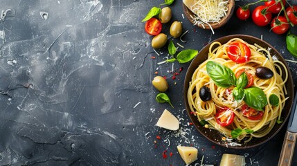 Bowl of spaghetti with tomatoes, olives, cheese