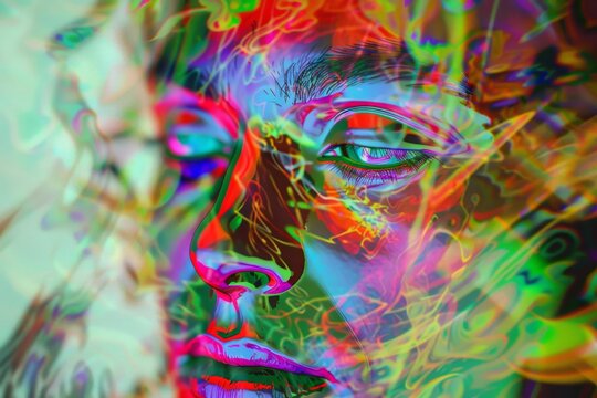 Abstract profile of a woman with a vibrant array of digitalized colors and patterns.

