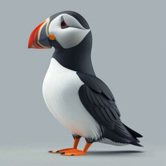Naklejka premium A minimalist polygonal art representation of a black and white puffin on a gray background.