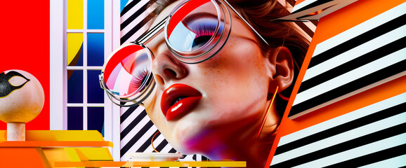 A contemporary art poster featuring a fashion model wearing large glasses and white and brightly colored clothing with 3D stripes in the background.
