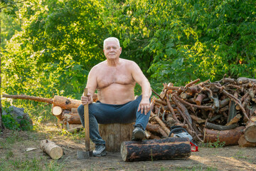 portrait of an elderly man with an ax against a forest background - 781707483