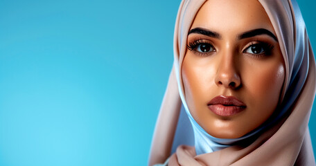 Confident Arab woman in hijab against a blue studio backdrop. - 781707484