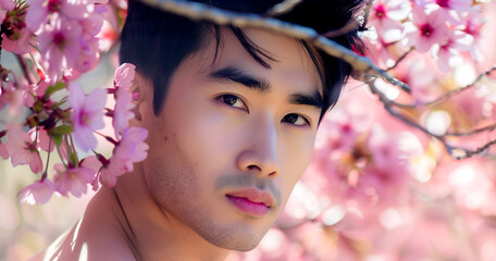 A handsome Asian man stands under the branches of a blooming sakura cherry tree - 781707668