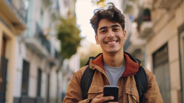 Young man smiling, using a smart phone on the street generative ai