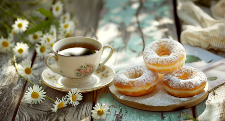 A close-up of donuts, dusted with sugar, sitting on an old wooden table. Beside them, a cup of tea in pastel colors adds to the romantic atmosphere of the scene.