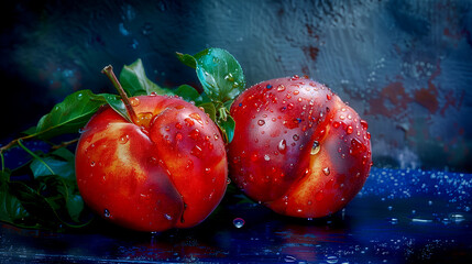 A juicy red apple, with water droplets glistening on its surface, sits next to a peach. - 781708269