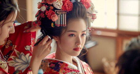 A Japanese woman is having her hair styled into a traditional bun, with flowers and other decorative elements on top. For special occasions, she wears an elegant kimono. - 781708283