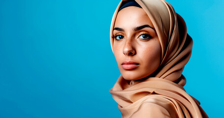Confident Arab woman in hijab against a blue studio backdrop. - 781708298
