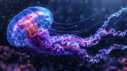 Fototapeta premium Digital underwater world blue jellyfish poster background