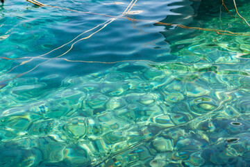Patterned clear water surface and bottom of bay with boat ropes crossing Croatia
