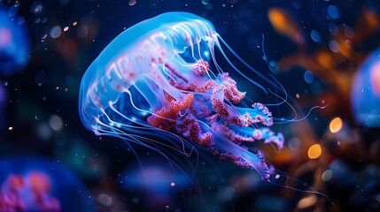 Fototapeta premium Digital underwater world blue jellyfish poster background
