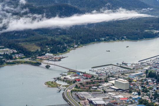 aerial view of city of Juneau Alaska, and Juneau cruise ship port, USA , with mountains in the background, landscape, panorama view
