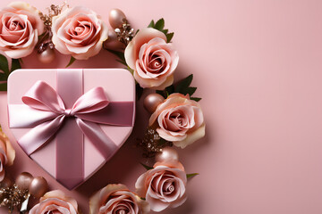 Mothers day background with pink roses and present