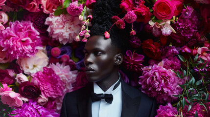 Surrounded by a hypnotizing display of pink and purple flowers a black man strikes a pose in his modern take on a classic tuxedo. A bold statement is made with his eyecatching headpiece . - obrazy, fototapety, plakaty