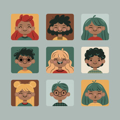 Portrety ludzi. Różne twarze i fryzury. Zabawne postacie. Awatar, urocze komiksowe buzie. Ręcznie rysowane ilustracje wektorowe. - 781709897
