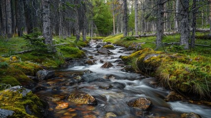 Fototapeta premium Stream amidst mossy forest rocks